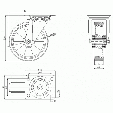 Koła aluminiowo-gumowe fi 180 mm w obudowie skrętnej - opona czarna