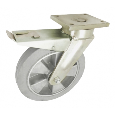 Koła aluminiowo-gumowe fi 160 mm w obudowie skrętnej spawanej z hamulcem - opona szara