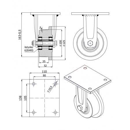 Koło fi 125 bieżnia 100 mm kołnierzowe lita stal STAŁE
