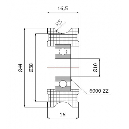 Rolka profilowana poliamidowa fi 44 mm na linkę fi 10 mm - otwór w piaście 10 mm